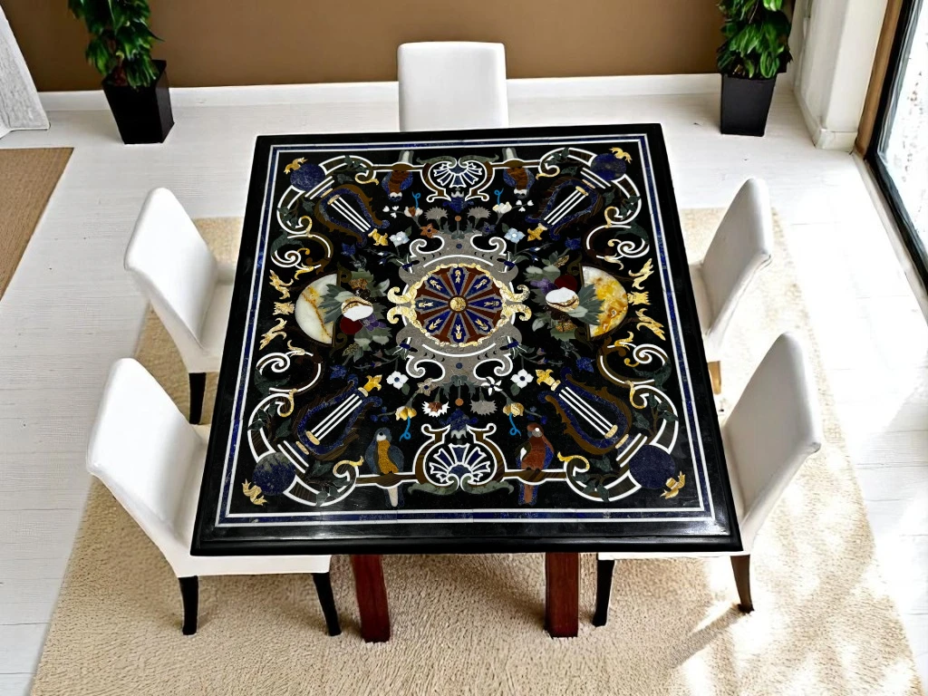 Black Marble Square Table Antique Pietra Dura Design